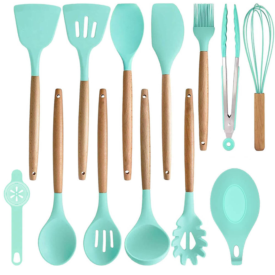 14 darabos konyhai eszközkészlet, hőálló szilikon fejjel, tartóval, türkiz-1