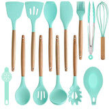 14 darabos konyhai eszközkészlet, hőálló szilikon fejjel, tartóval, türkiz-1