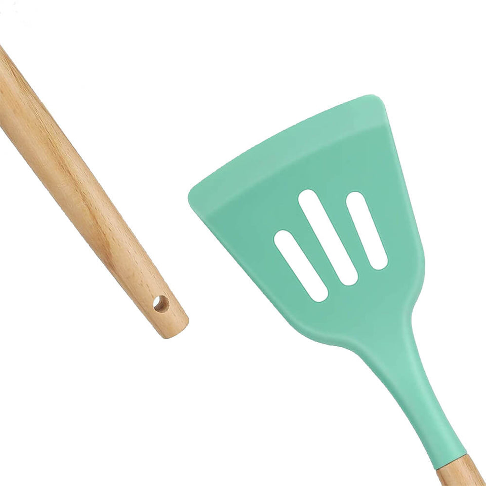 14 darabos konyhai eszközkészlet, hőálló szilikon fejjel, tartóval, türkiz-2