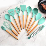 14 darabos konyhai eszközkészlet, hőálló szilikon fejjel, tartóval, türkiz-3