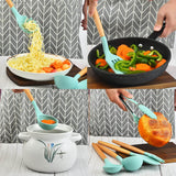 14 darabos konyhai eszközkészlet, hőálló szilikon fejjel, tartóval, türkiz-4