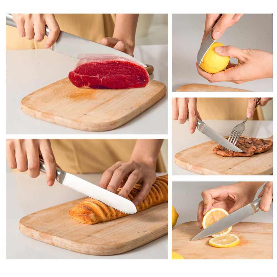 16 részes rozsdamentes késkészlet fa tartóban, élezővel, ollóval-4