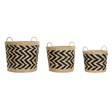 Basket set DKD Home Decor Black Light brown Natural Fibre (3 Pieces) (3 Units)-0