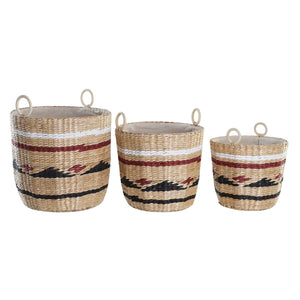 Basket set DKD Home Decor White Black Maroon Natural Natural Fibre (3 Pieces)-0