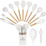 14 darabos konyhai eszközkészlet, hőálló szilikon fejjel, tartóval, fehér-0