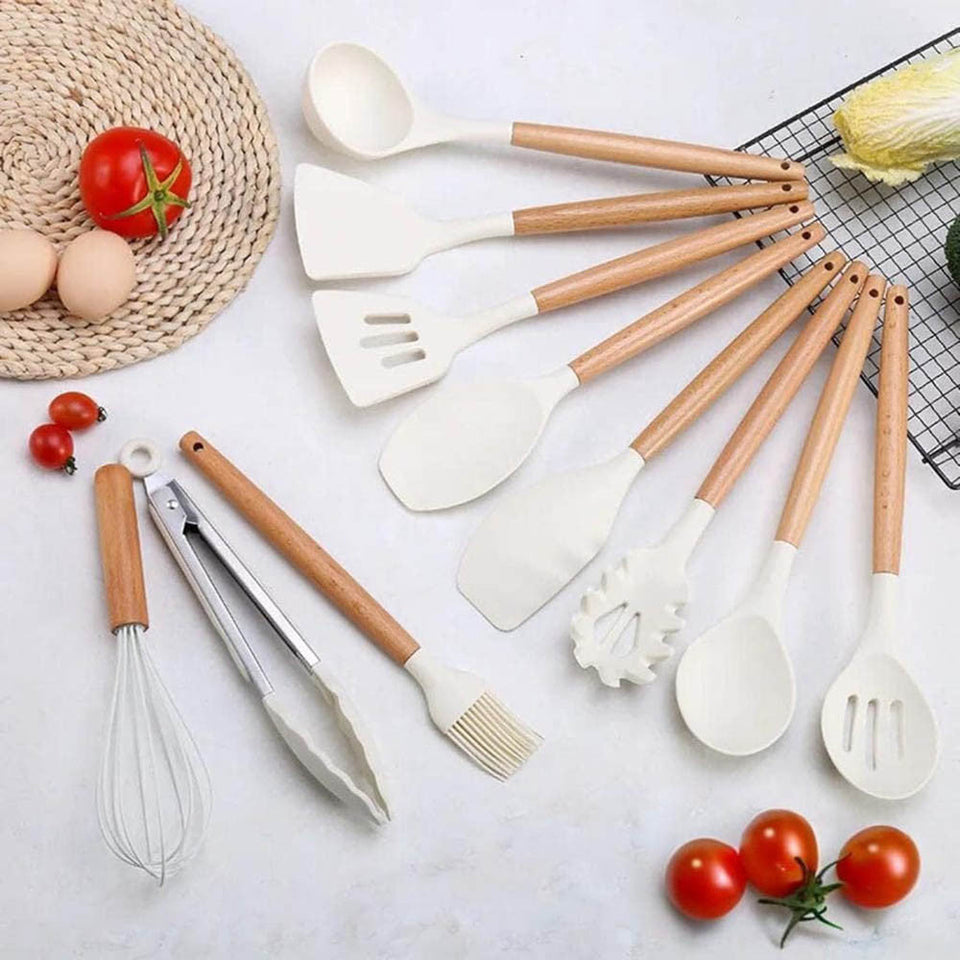 14 darabos konyhai eszközkészlet, hőálló szilikon fejjel, tartóval, fehér-3