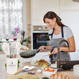 14 darabos konyhai eszközkészlet, hőálló szilikon fejjel, tartóval, fehér-4