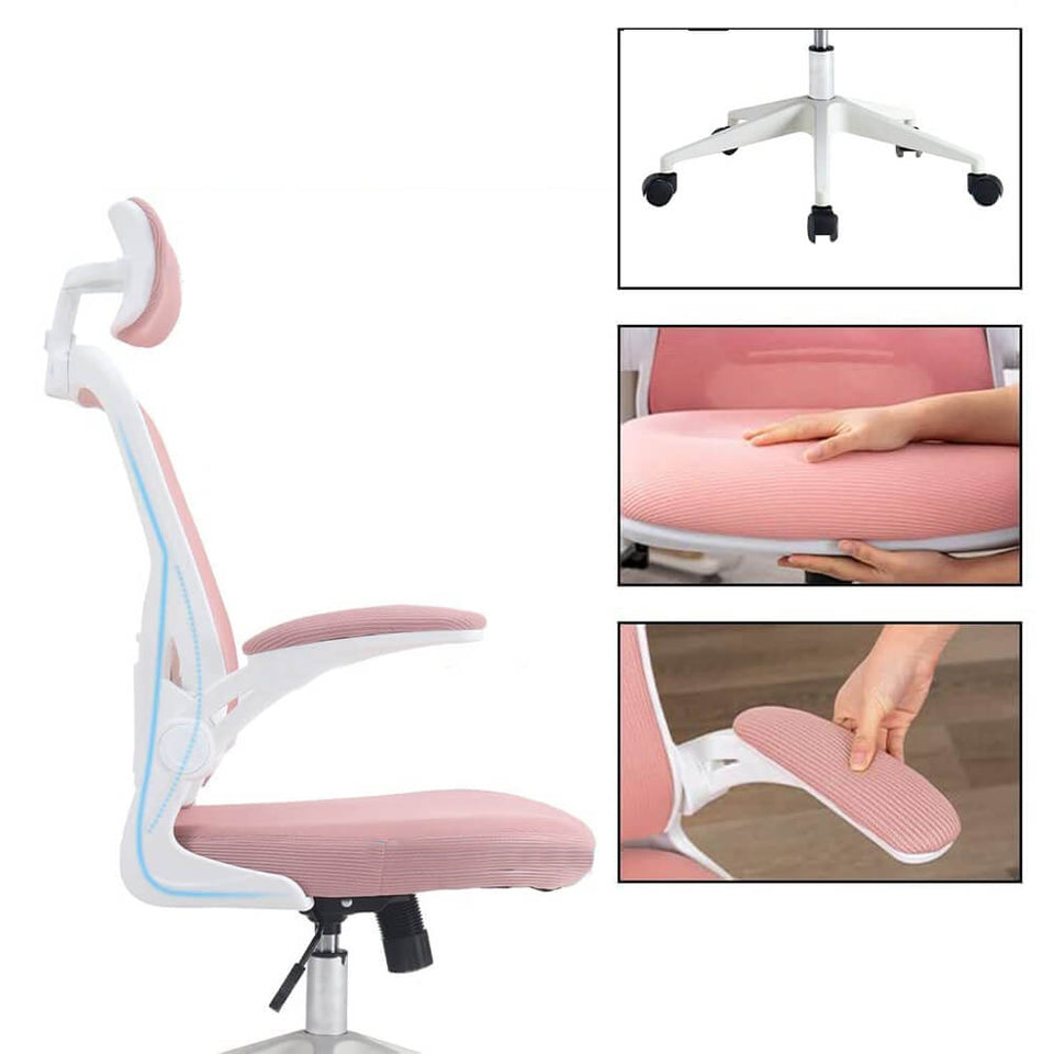 Ergonomikus irodai szék deréktámasszal, fejtámlával, rózsaszín-3