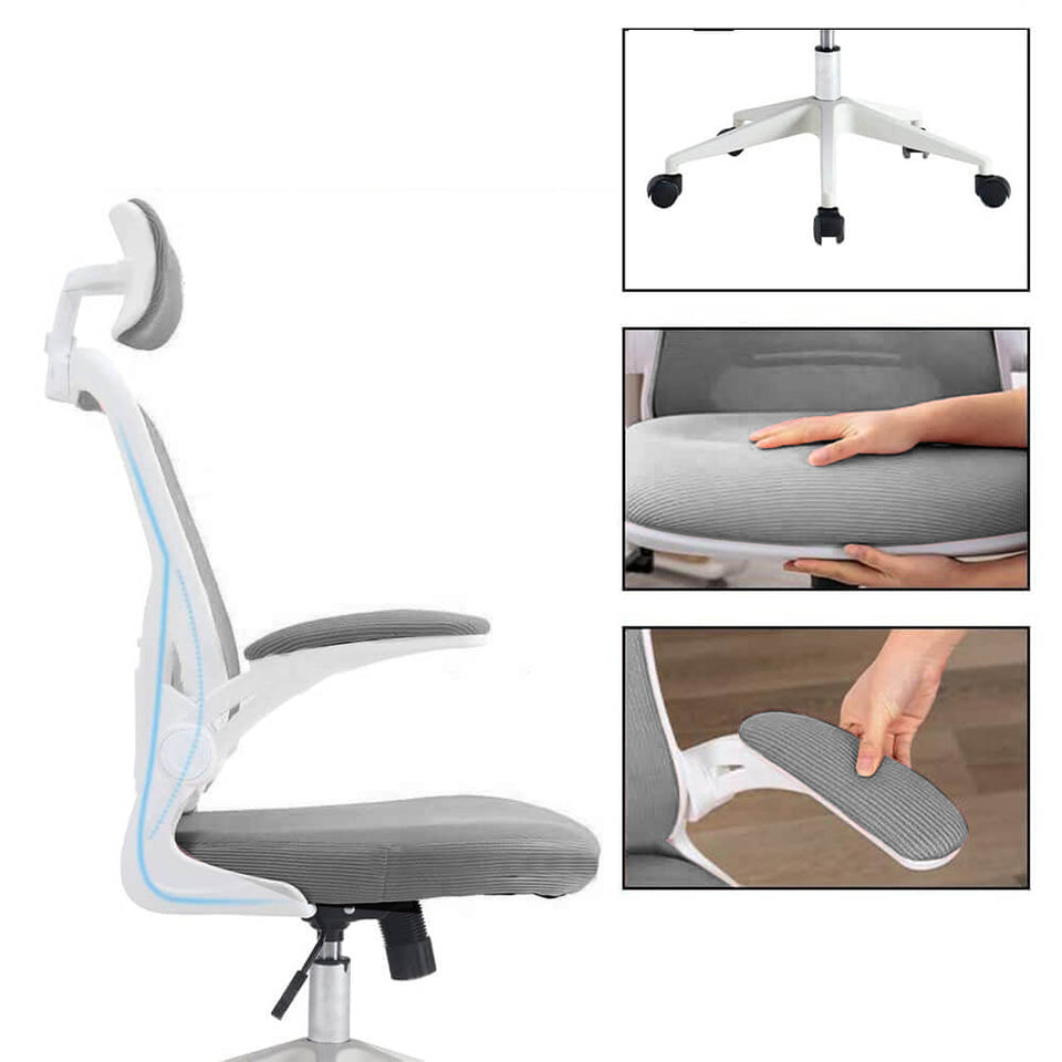 Ergonomikus irodai szék deréktámasszal, fejtámlával, szürke-3