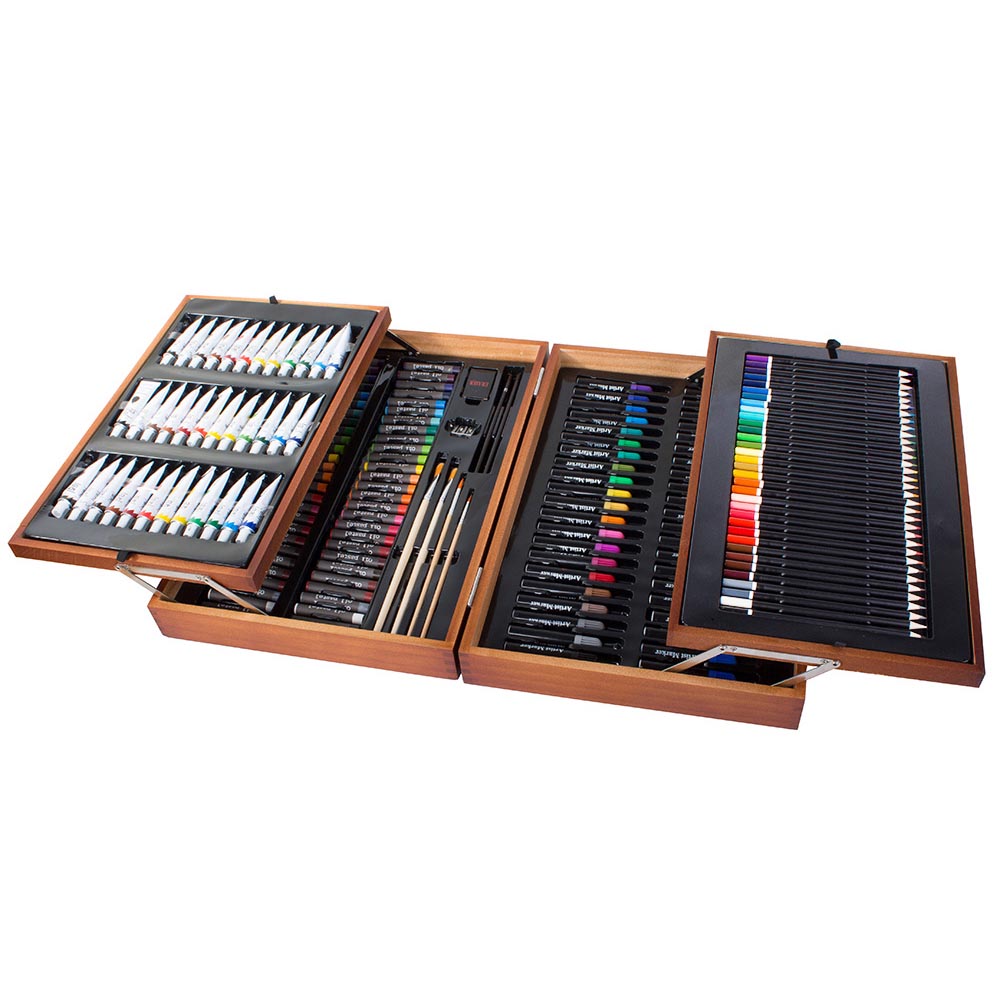 174 részes festő-és rajzkészlet praktikus, fa díszdobozban-0