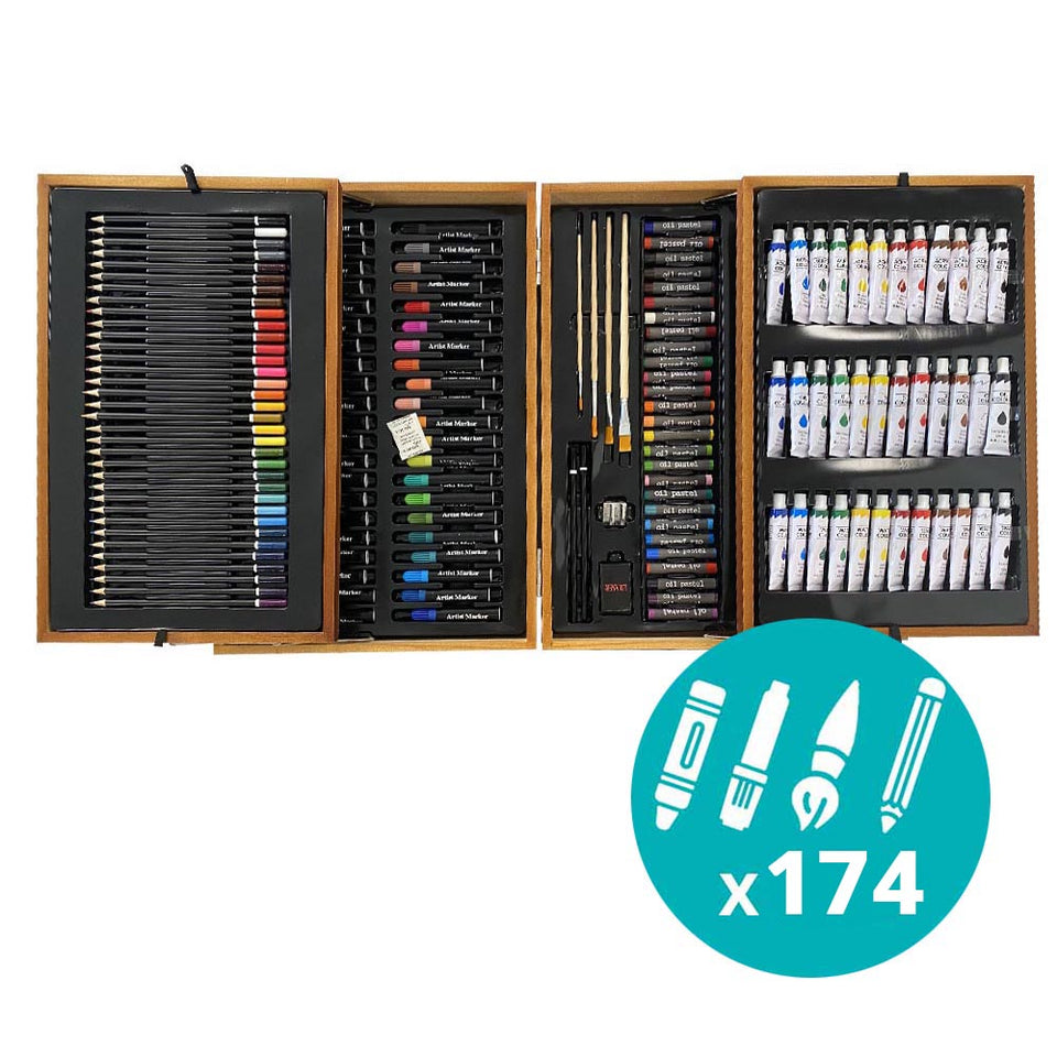 174 részes festő-és rajzkészlet praktikus, fa díszdobozban-2